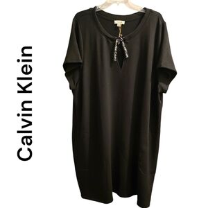 Calvin Klein Black Midi Short Sleeve Slip  Dress Tunic Signature Tie Collar
